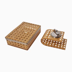Italienische Mid-Century Dosen aus Messing & Wiener Strohhalm von Christian Dior, 1970er, 2er Set