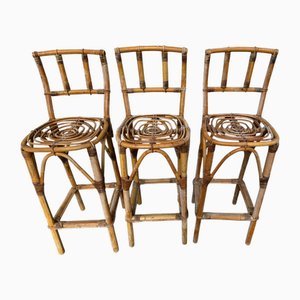 Rattan Barhocker, 1960er, 3er Set