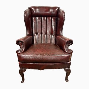 Classic Chesterfield Style Wingback Armchair in Burgundy Leather