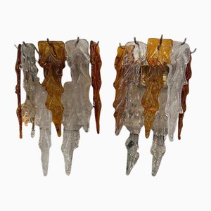 Apliques de pared Mid-Century modernos de latón y cristal de Murano atribuidos a Mazzega, años 70. Juego de 2
