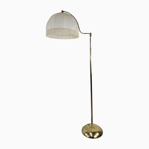 Golden Metal Reading Floor Lamp with Adjustable Arm and Fabric Lampshade, 1970