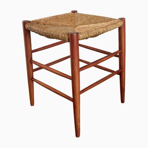 Sgabello Mid-Century in vimini e faggio, anni '60