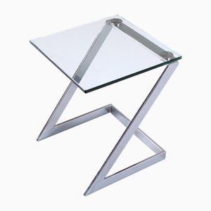 Mesa auxiliar Cantilever posmoderna de cromo y vidrio de Gebra, años 80