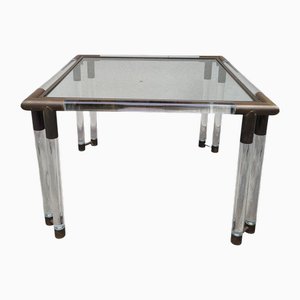 Mesa de centro de latón, vidrio acrílico y vidrio al estilo de Rodney Kinsman