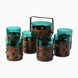 Cubitera de cobre y vidrio con vasos atribuidos a Nanny Still para Raak, años 70. Juego de 6
