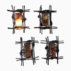 Vintage Wall Lamps in Glass and Wrought Iron, 1950s