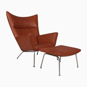 Set of Model Ch445 Wing Chair and Ottoman in Full Grain Leather attributed to Hans J. Wegner, 2000s