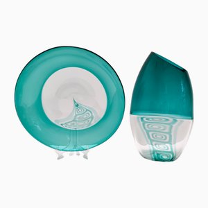Vintage Italian Teal Murano Glass Plate and Vase by La Murrina, 1970s, Set of 2