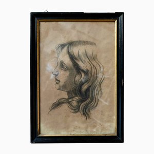 Portrait d'une Jeune Femme, Années 1890-1900, Dessin au Crayon, Encadré