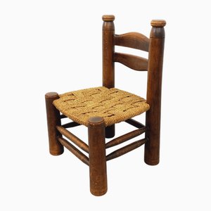 Vintage Brutalist Coffee Chair in Wood and Straw by Charles Dudouyt, 1960s