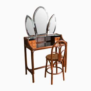 Mid-Century Vanity & Chair in with Brass Details and Side-Panel Mirrors, 1950s, Set of 2