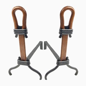 Andirons rivestiti in pelle di Jacques Adnet, 1950
