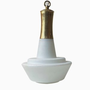 Danish Modern Lyfa Pendant Lamp in Brass & White Opaline Glass, 1950s