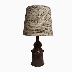 Deutsche Tischlampe mit Braunem Keramiksockel & Beigefarbenem Stoffschirm, 1970er