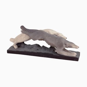 Escultura de cerámica de galgos corriendo de Sevres Vinsare, Francia, años 30