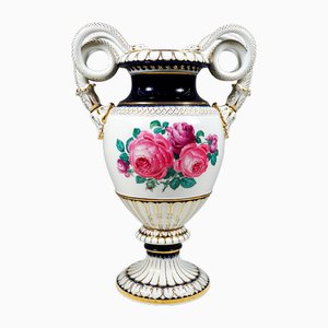 Meissen Snake Handle Vase with Flower Boquet Painting attributed to Leuteritz, 1880s
