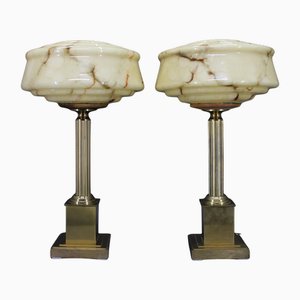 Italian Brass Table Lamps with Glass Shades, 1940s, Set of 2