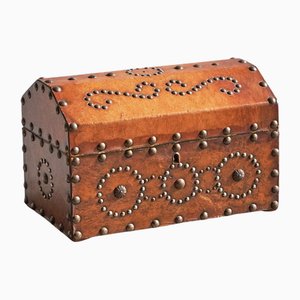 VerDecorative Box in Patinated Cognac Leather and Metal Studs, 1950s