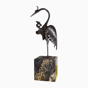 After Carlo Rizzarda, Sculpture Oiseau, Fer avec Socle en Marbre Noir