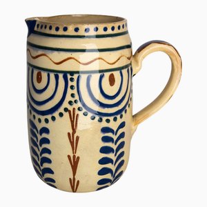 Mid-Century French Pitcher Glazed Ceramic Red & Blue Patterns, 1950s