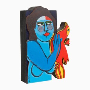 Corneille Wooden Sculpture of Woman and Cat