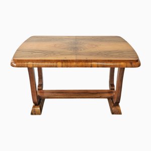 Tavolo da pranzo Art Déco allungabile con gambe Harp-Shade impiallacciate in radica di noce, anni '30