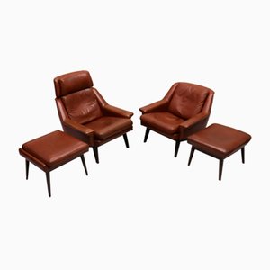 Vintage Danish Leather Armchair and Ottoman Set by Esa Møbelværk, 1960s, Set of 4