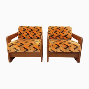 Set of Vintage Sled Chairs in Walnut and Velvet Fabric, 1970s
