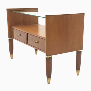 Table de Chevet Vintage en Noyer avec Plateau en Verre et Détails en Laiton, Italie, 1940s