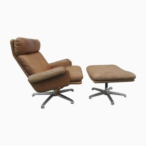 Set of Mid-Century Leather High Back Swivel Armchair with Ottoman, 1960s