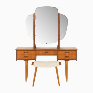 Scandinavian Teak Dressing Table with Adjustable Mirrors and Footstool, 1960s, Set of 2