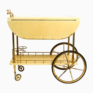 Large Serving Bar Cart in Beige Yellow Goat Leather by Aldo Tura, Italy, 1960s