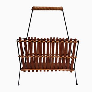 Revistero vintage con estructura de hierro negro y puntales de teca, años 70