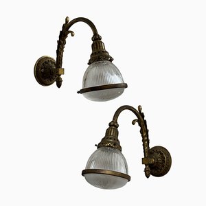Vintage French Gilt Bronze Holophane Wall Lights, Set of 2