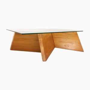Mesa de centro vintage rectangular de olmo y vidrio, años 80