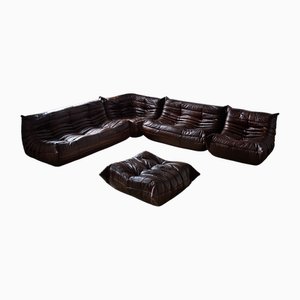 Set da salotto Togo in pelle lucida marrone scuro di Michel Ducaroy per Ligne Roset, set di 5