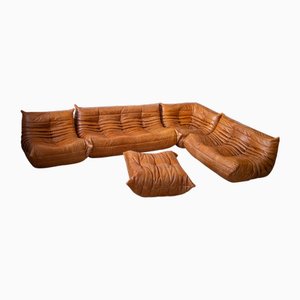 Pine Leather Togo Living Room Set attributed to Michel Ducaroy for Ligne Roset, 1979, Set of 5