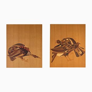 Pannelli in legno con uccelli intarsiati, Italia, anni '50, set di 2