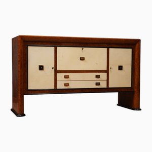 Art Deco Walnut Root Goatskin and Brass Italian Sideboard, 1940s