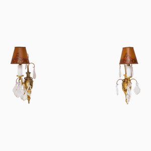 Antique Brass Wall Lights with Crystals, 1940s, Set of 2