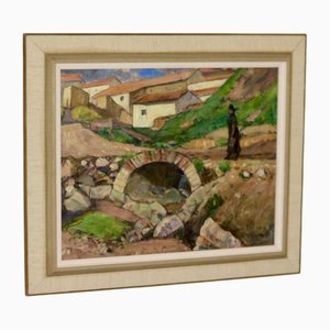 Gunnar Wiberg, Village Landscape with Bridge, 1950s, Large Oil Painting