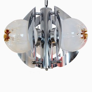 Lámpara de araña geométrica vintage de cromo y vidrio esmerilado de AV Mazzega