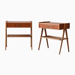 Scandinavian Bedside Tables in Teak and Rattan, 1960s, Set of 2