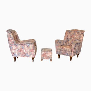 Vintage Chairs with Poufs, 1960s, Set of 3
