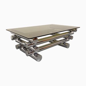Vintage Space Age Rectangular Coffee Table in Smoked Glass and Chrome Metal by Paul Mayen, 1970s