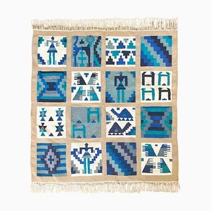 Folk Art Gafsa Kelim Wandbehang mit Blau & Türkis Figurenmotiven, 1970er