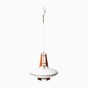Teak, Brass and Opal Glass Pendant Light, 1960s