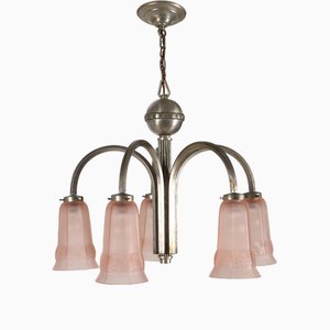 Art Deco Chandelier with Etched Pink Glass Shades, 1930s
