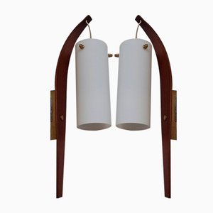 Appliques Murales Vintage avec Support en Teck et Abat-Jour en Verre Blanc Opaque, 1960s, Set de 2