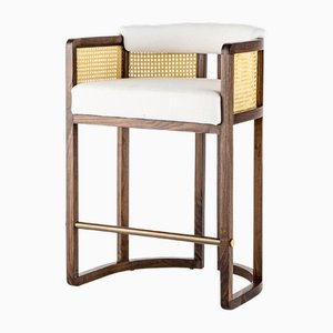 Livingston Barhocker aus Nussholz & Rattan & Leinen von Egg Designs